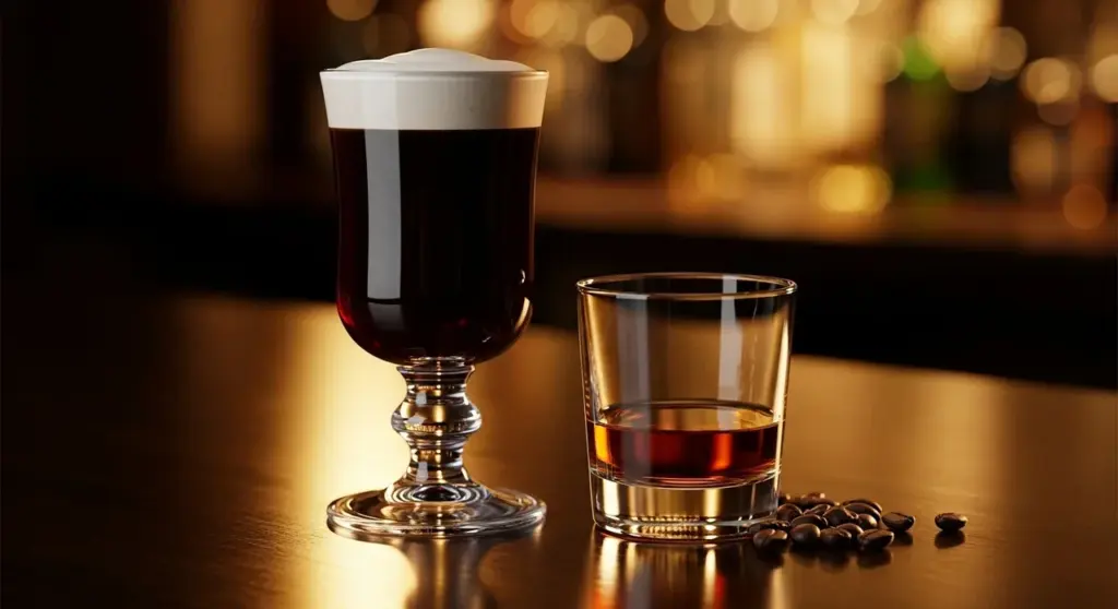 Irish coffee stílusú kávé tejszínhabbal, mellette pohár brandy és kávészemek egy bárpulton