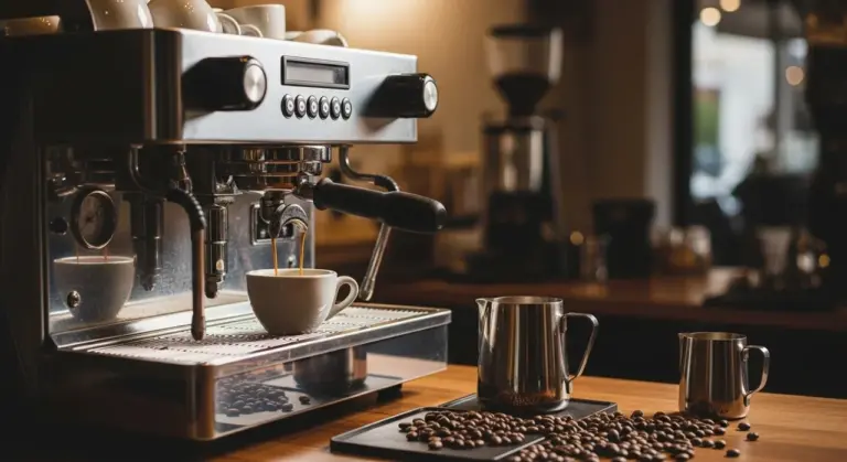 Barista munkaállomás: eszpresszógép friss kávét enged csészébe, mellette tejkiöntő és kávészemek