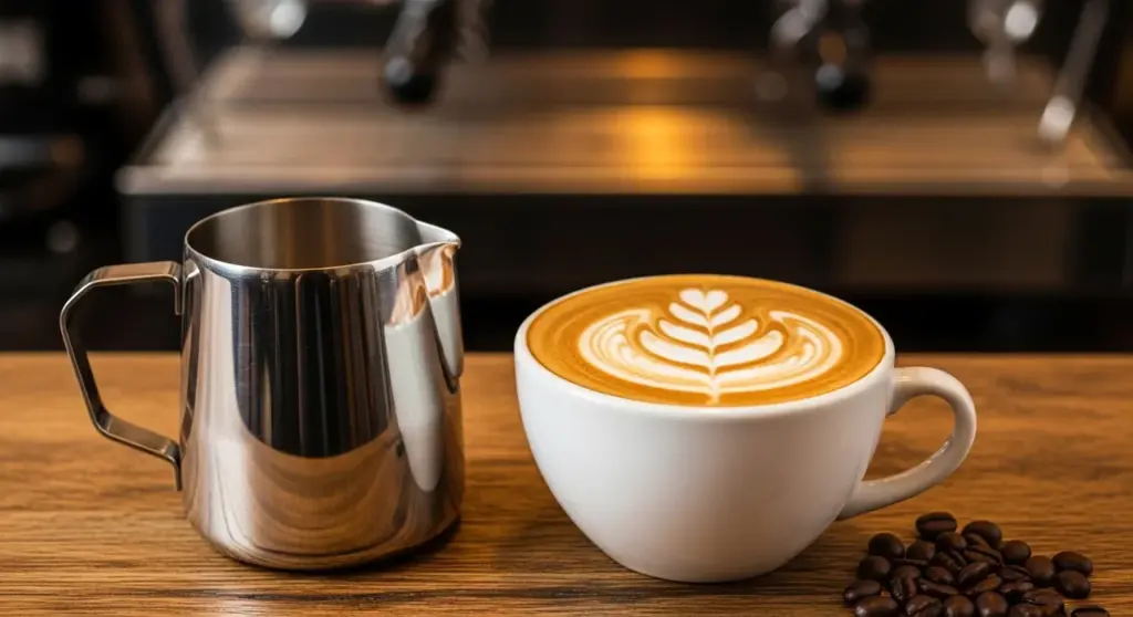 Cappuccino levél alakú latte arttal, mellette rozsdamentes tejkiöntő és kávészemek