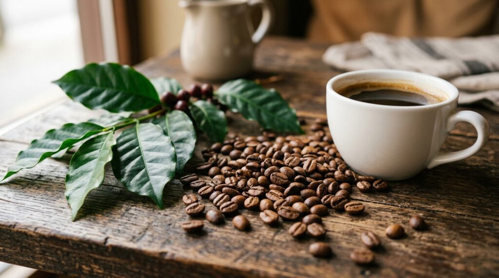 Prémium arabica kávészemek egy kávécserje ága és egy csésze kávé mellett