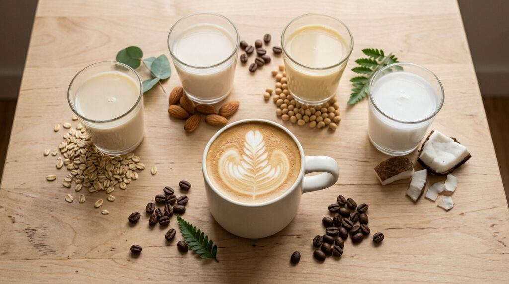 Latte latte arttal, körülötte pohárnyi zab-, mandula-, szója- és kókusztej az alapanyagaikkal