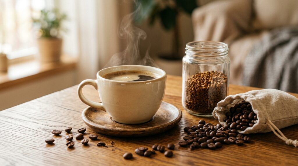 Gőzölgő csésze koffeinmentes kávé, mellette instant kávé üvegben és szemes kávé vászonzsákban