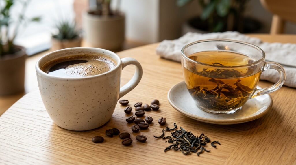 Egy csésze kávé és egy üvegcsésze tea egymás mellett, kávészemekkel és tealevelekkel