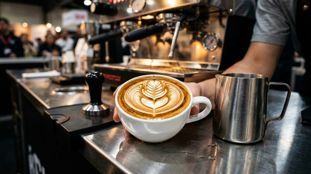 Verseny-szintű latte art csésze rosetta mintával, mellette tejkiöntő és eszpresszógép egy kávéversenyen