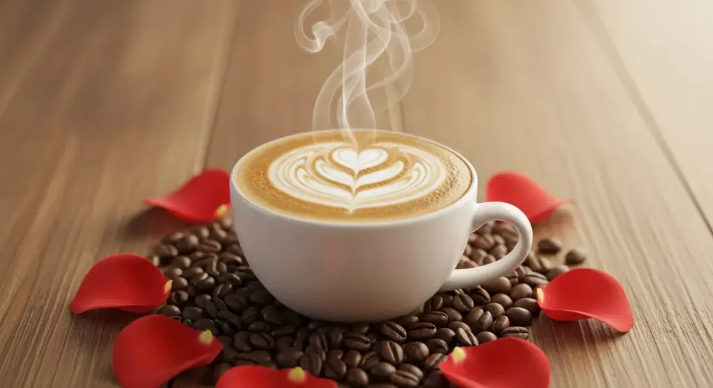Szív alakú latte art kávé rózsaszirmokkal – Valentin-nap