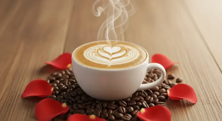 Szív alakú latte art kávé rózsaszirmokkal – Valentin-nap